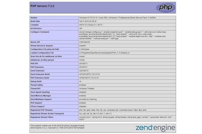 Пример таблицы с информацией, которую отображает функция phpinfo