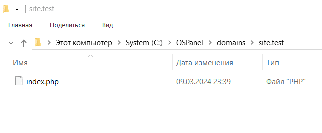 Скриншот папки сайта, в которой создан файл index.php